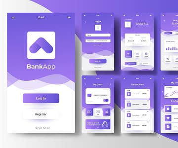 A mobile application interface for a banking service with a charts and other functions
