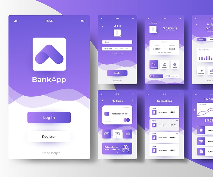 A mobile application interface for a banking service with a charts and other functions